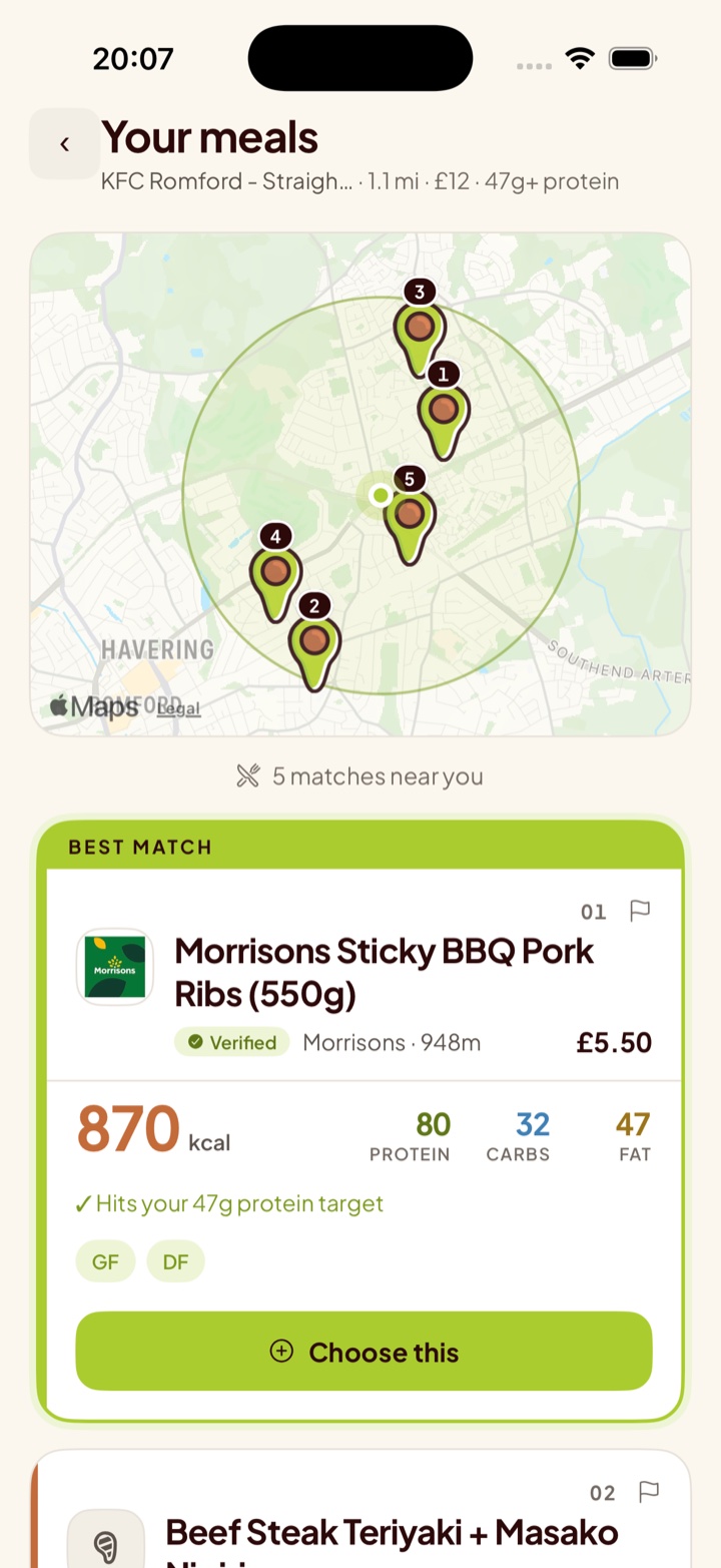 A Maclo search result: the best match near you with its calories, protein, carbs, fat and price, verified